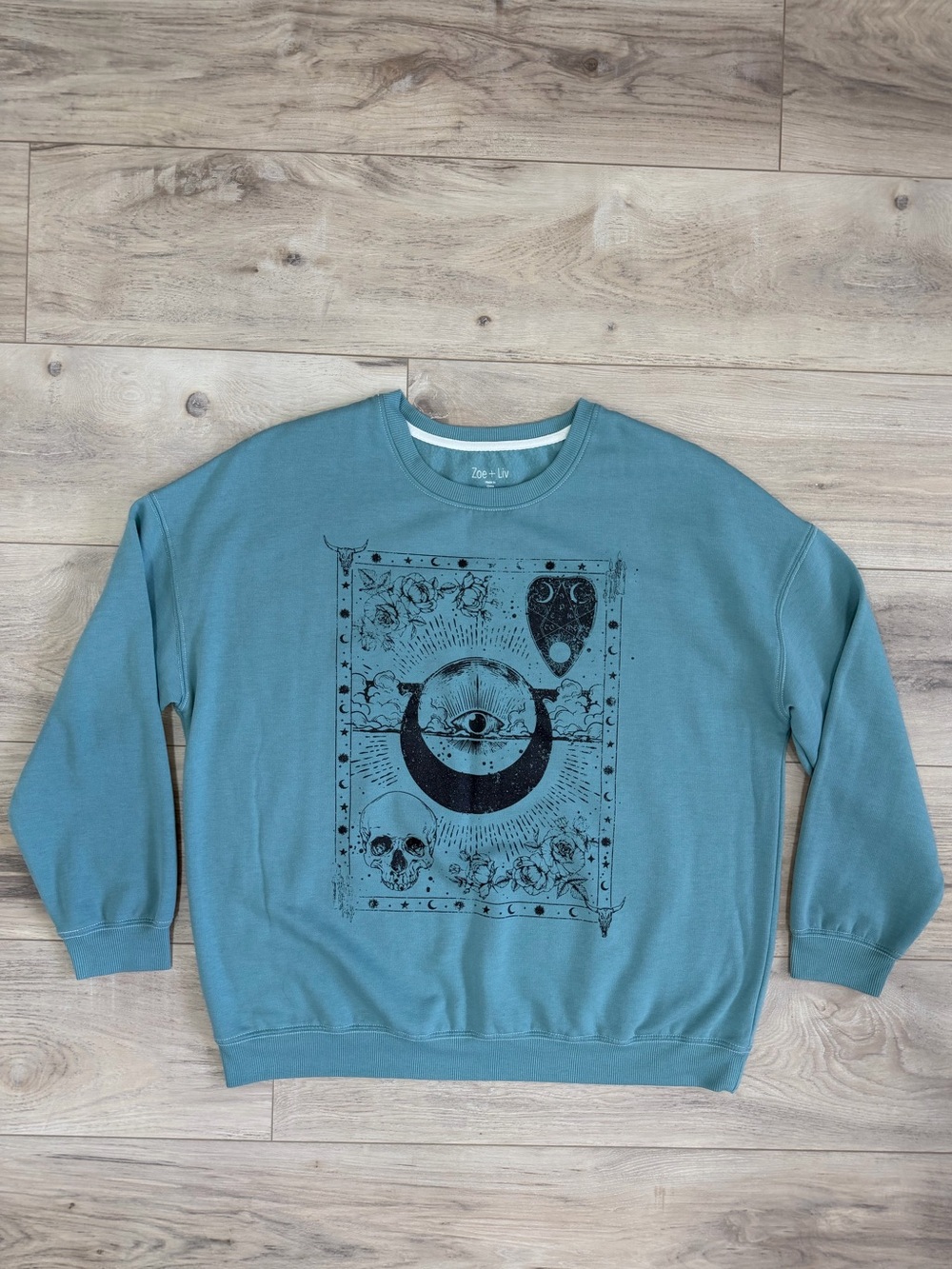 Zoe + Liv Teal Crewneck Sweatshirt with Celestial Graphic